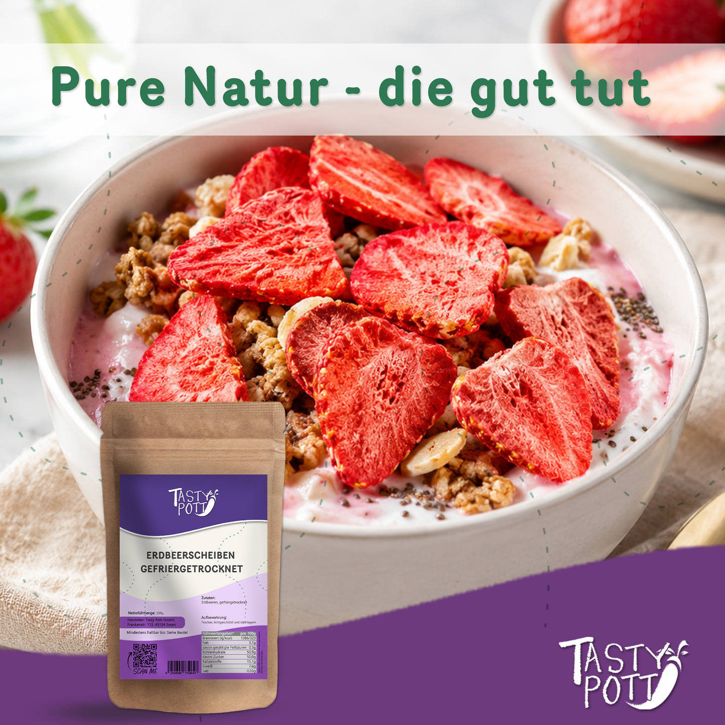 Erdbeerscheiben gefriergetrocknet - ab 350g Beutel von Tasty Pott