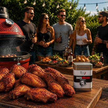 docshühner wahnsinn dose auf holzbrett neben chickenwings