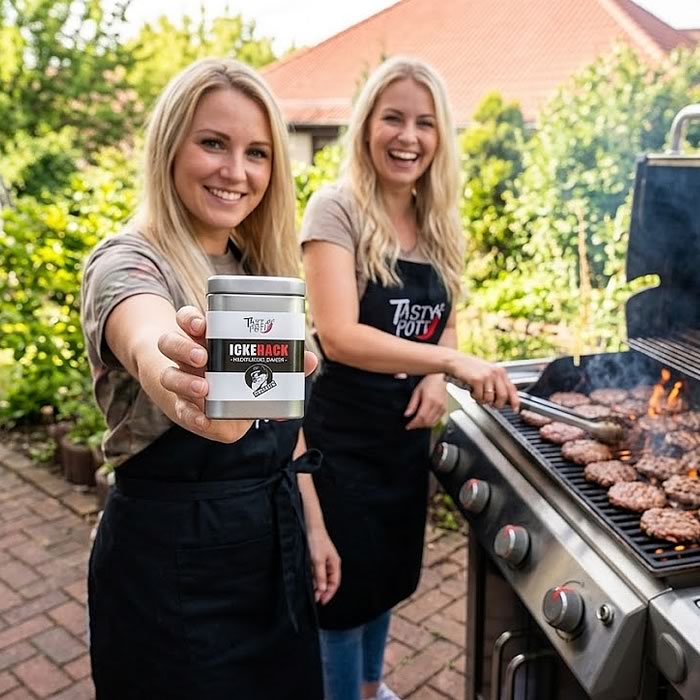 ickehack hack gewürz dose mit zwei frauen am grill