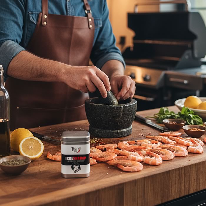 ickeshrimp grillgewürz dose auf holz arbeitsplatte beim grillen 